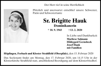 Traueranzeige von Brigitte Hauk von Fränkische Nachrichten