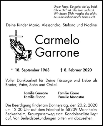 Traueranzeige von Carmelo Garrone von Mannheimer Morgen