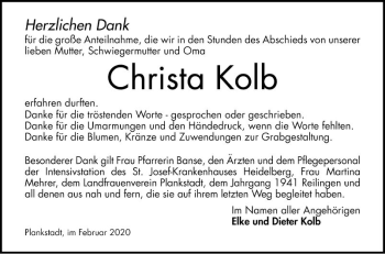 Traueranzeige von Christa Kolb von Schwetzinger Zeitung