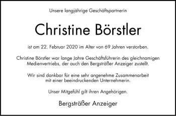 Traueranzeige von Christine Börstler von Bergsträßer Anzeiger