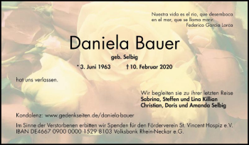 Traueranzeige von Daniela Bauer von Mannheimer Morgen