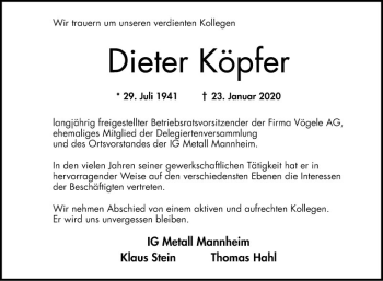 Traueranzeige von Dieter Köpfer von Mannheimer Morgen