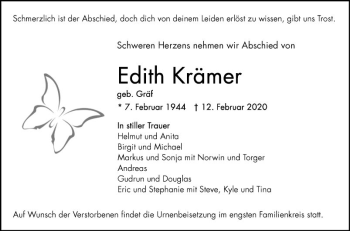 Traueranzeige von Edith Krämer von Mannheimer Morgen