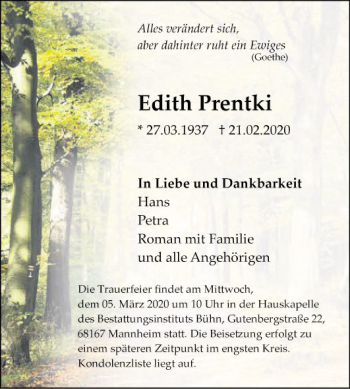 Traueranzeige von Edith Prentki von Mannheimer Morgen