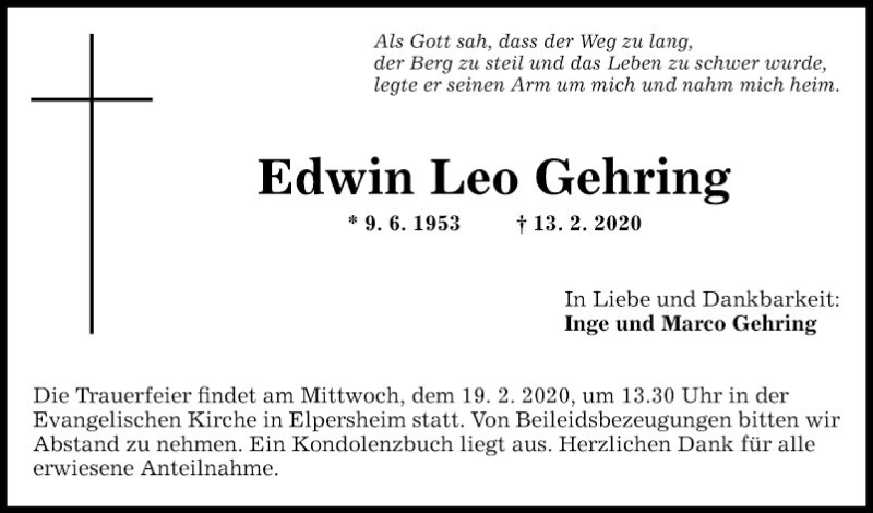  Traueranzeige für Edwin Leo Gehring vom 17.02.2020 aus Fränkische Nachrichten
