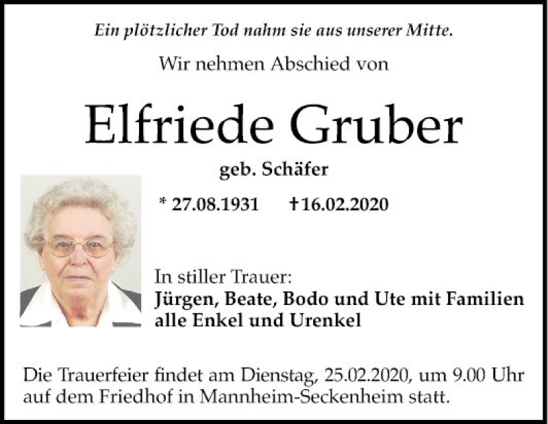  Traueranzeige für Elfriede Gruber vom 22.02.2020 aus Mannheimer Morgen