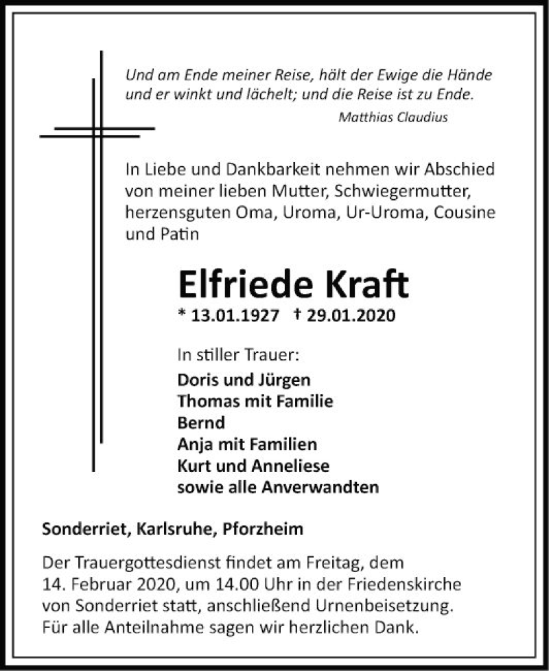  Traueranzeige für Elfriede Kraft vom 07.02.2020 aus Fränkische Nachrichten