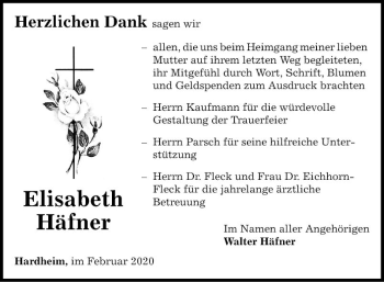 Traueranzeige von Elisabeth Häfner von Fränkische Nachrichten