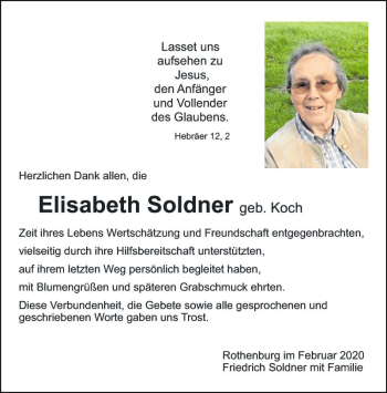 Traueranzeige von Elisabeth Soldner von Fränkische Nachrichten