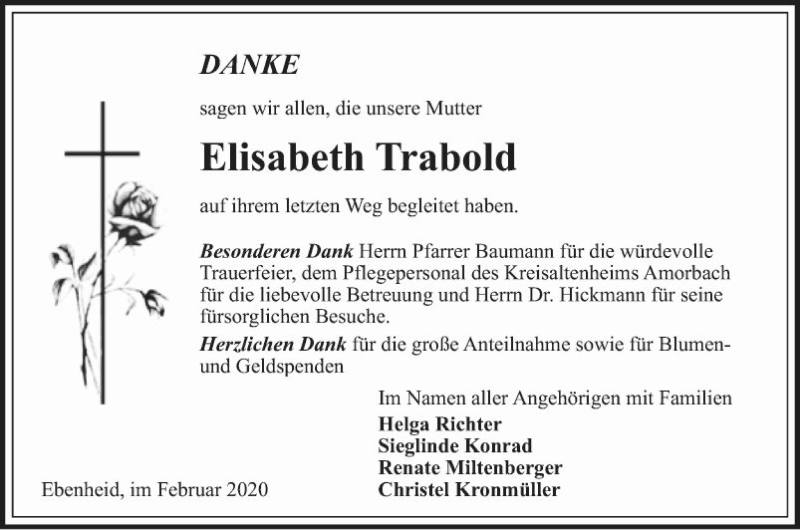  Traueranzeige für Elisabeth Trabold vom 15.02.2020 aus Fränkische Nachrichten