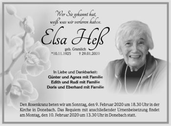 Traueranzeige von Elsa Heß von Fränkische Nachrichten