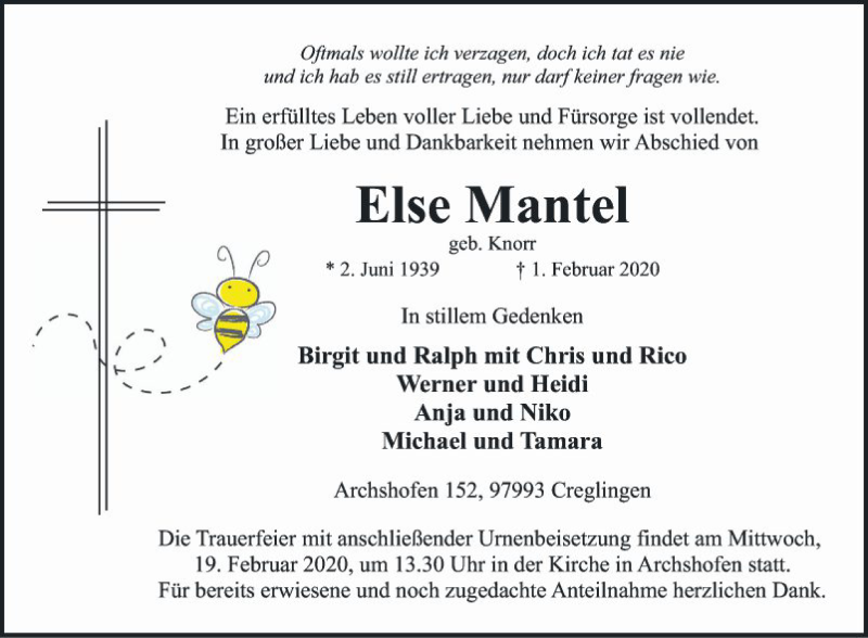  Traueranzeige für Else Mantel vom 17.02.2020 aus Fränkische Nachrichten