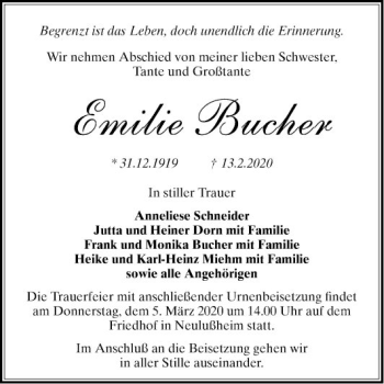 Traueranzeige von Emilie Bucher von Schwetzinger Zeitung