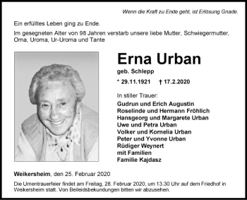 Traueranzeige von Erna Urban von Fränkische Nachrichten