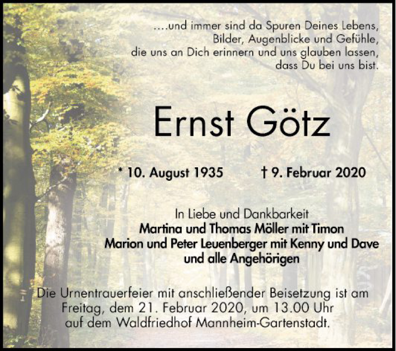  Traueranzeige für Ernst Götz vom 15.02.2020 aus Mannheimer Morgen