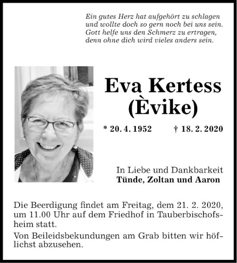  Traueranzeige für Eva Kertess vom 19.02.2020 aus Fränkische Nachrichten