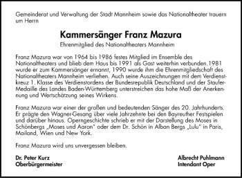 Traueranzeige von Franz Mazura von Mannheimer Morgen