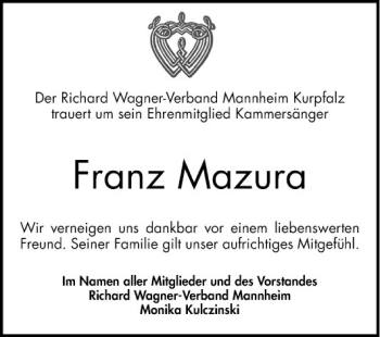 Traueranzeige von Franz Mazura von Mannheimer Morgen