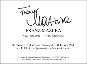 Traueranzeige von Franz Mazura von Mannheimer Morgen