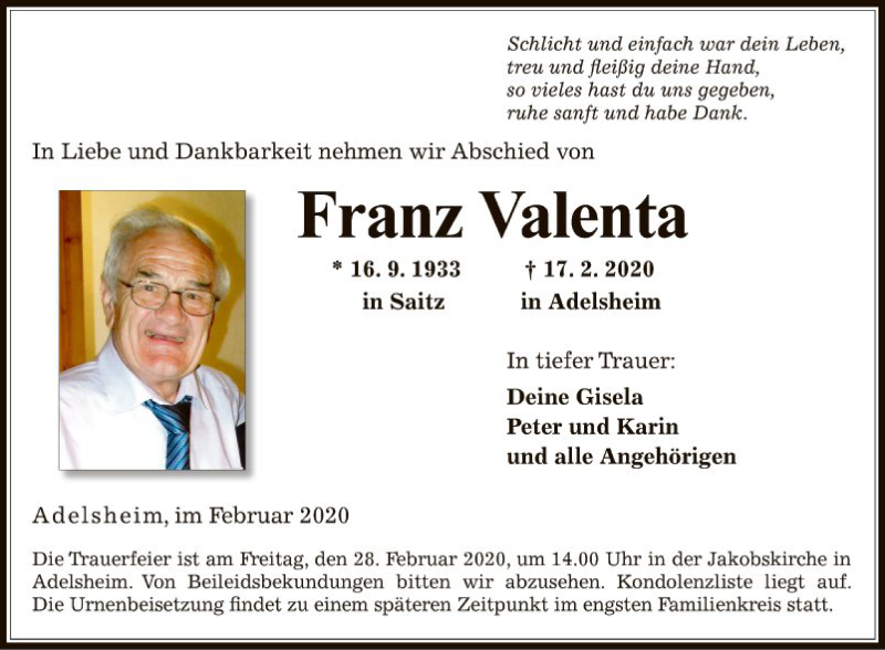  Traueranzeige für Franz Valenta vom 25.02.2020 aus Fränkische Nachrichten