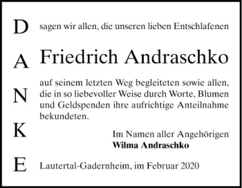 Traueranzeige von Friedrich Andraschko von Bergsträßer Anzeiger