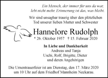 Traueranzeige von Hannelore Rudolph von Mannheimer Morgen