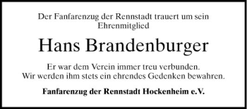 Traueranzeige von Hans Brandenburger von Schwetzinger Zeitung