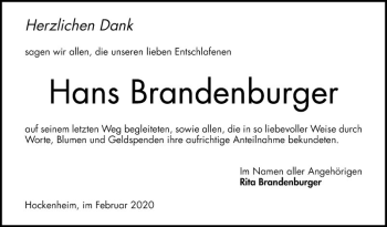 Traueranzeige von Hans Brandenburger von Schwetzinger Zeitung