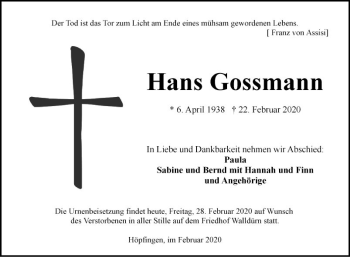 Traueranzeige von Hans Gossmann von Fränkische Nachrichten