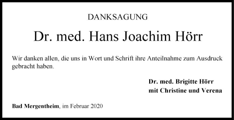  Traueranzeige für Hans Joachim Hörr vom 08.02.2020 aus Fränkische Nachrichten