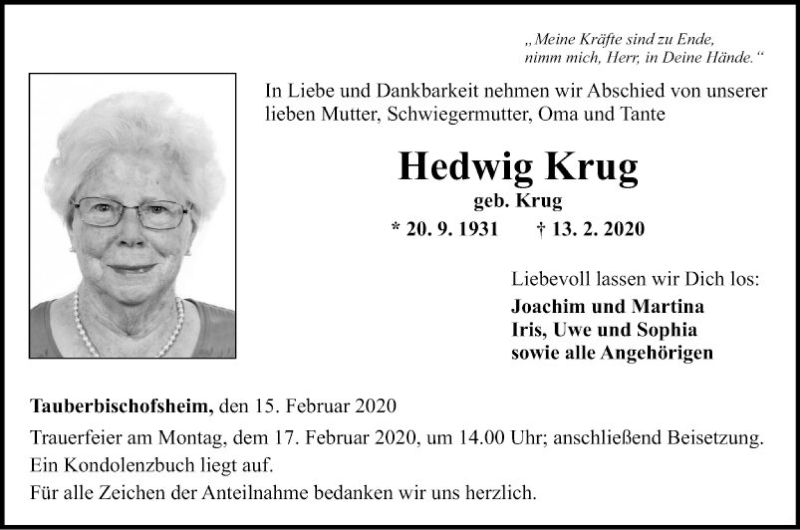  Traueranzeige für Hedwig Krug vom 15.02.2020 aus Fränkische Nachrichten