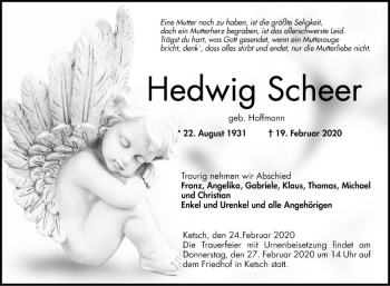 Traueranzeige von Hedwig Scheer von Schwetzinger Zeitung