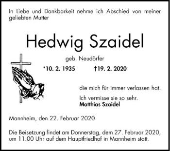 Traueranzeige von Hedwig Szaidel von Mannheimer Morgen