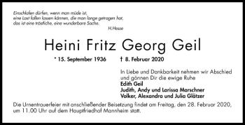 Traueranzeige von Heini Fritz Georg Geil von Mannheimer Morgen