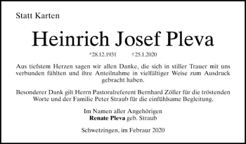 Traueranzeige von Heinrich Josef Pleva von Schwetzinger Zeitung