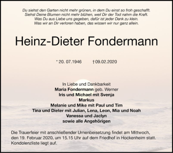Traueranzeige von Heinz-Dieter Fondermann von Schwetzinger Zeitung