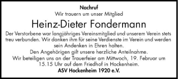 Traueranzeige von Heinz-Dieter Fondermann von Schwetzinger Zeitung