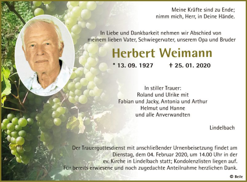  Traueranzeige für Herbert Weimann vom 01.02.2020 aus Fränkische Nachrichten