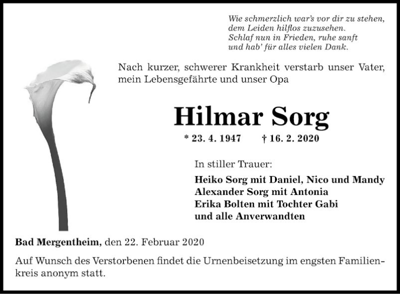  Traueranzeige für Hilmar Sorg vom 22.02.2020 aus Fränkische Nachrichten