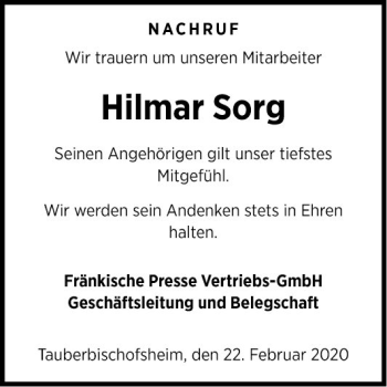 Traueranzeige von Hilmar Sorg von Fränkische Nachrichten