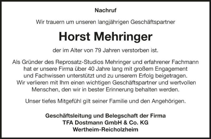  Traueranzeige für Horst Mehringer vom 08.02.2020 aus Fränkische Nachrichten