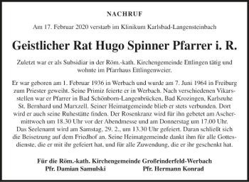 Traueranzeige von Hugo Spinner von Fränkische Nachrichten