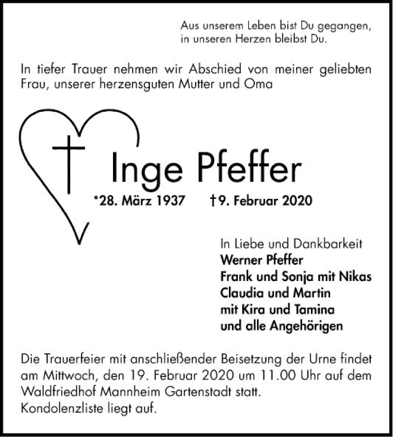  Traueranzeige für Inge Pfeffer vom 15.02.2020 aus Mannheimer Morgen