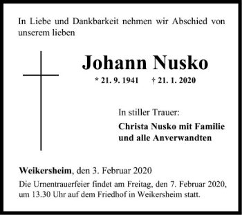 Traueranzeige von Johann Nusko von Fränkische Nachrichten