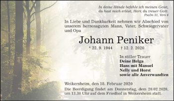 Traueranzeige von Johann Peniker von Fränkische Nachrichten