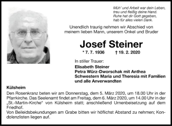 Traueranzeige von Josef Steiner von Fränkische Nachrichten
