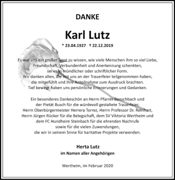 Traueranzeige von Karl Lutz von Fränkische Nachrichten