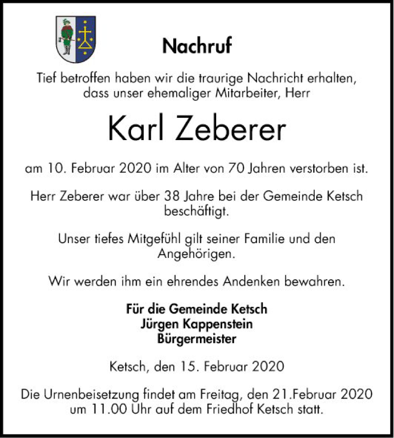  Traueranzeige für Karl Zeberer vom 15.02.2020 aus Schwetzinger Zeitung