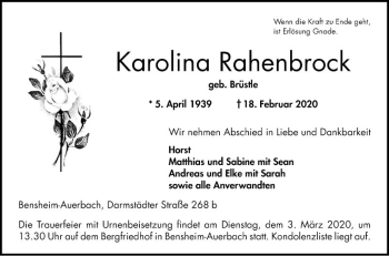 Traueranzeige von Karolina Rahenbrock von Bergsträßer Anzeiger