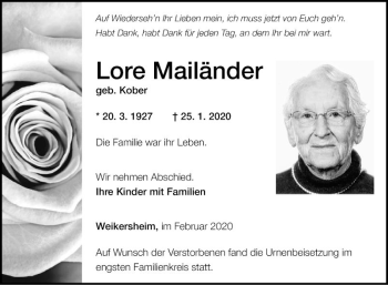 Traueranzeige von Lore Mailänder von Fränkische Nachrichten